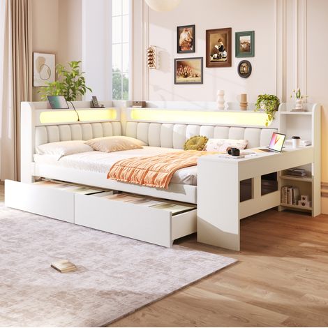 Divano letto 140x200 cm con scrivania, 2 cassetti, LED e porte USB, in lino, bianco (1/5)