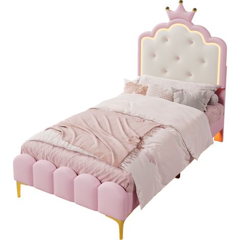 Lit rembourré, 90 x 200 cm, avec sommier à lattes (sans matelas), éclairage d’ambiance avec télécommande, forme de princesse couronnée, matériau PU, rose