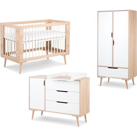 Chambre complète lit bébé - commode à langer - armoire LittleSky by Klups Sofie Hêtre et blanc