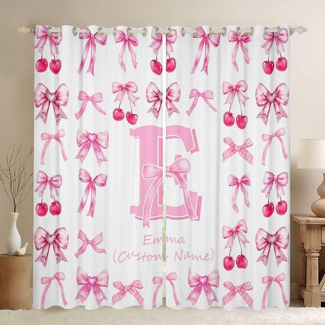 Rideau Occultant 140x260 cm Initiale Personnalisée Rideau Nom Personnalisé Rideaux Voilage Nœud Rose Coquet Voilage Fenetre Cerise Rose pour Chambre SalonDécor Preppy - 140L X 260H cm (2 Panneaux) (1/5)