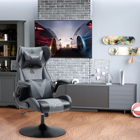 Fauteuil gamer ergonomique à assise réglable, piètement circulaire, accoudoirs escamotables, coussins nuque et lombaires inclus, similicuir gris et noir (1/5)