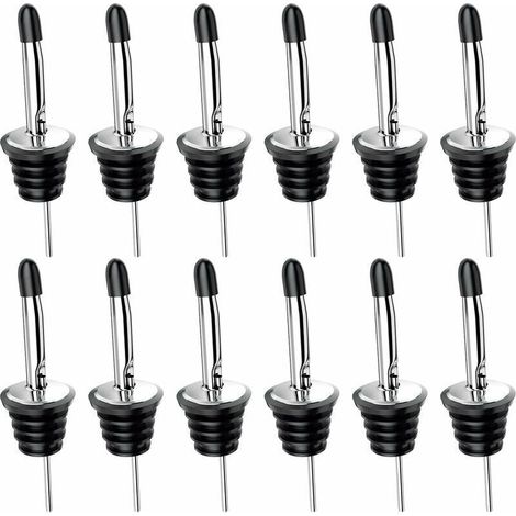 12pcs Stainless Steel Pourers with Rubber Stoppers Bottle Spout Pourers for Wine, Liqueur, Beverages, Cocktails, Oil, Vinegar (1/5)
