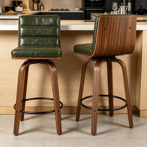 Sgabello da bar girevole, rivestimento in PU, schienale ergonomico, anello poggiapiedi, metallo e legno, verde (1/5)