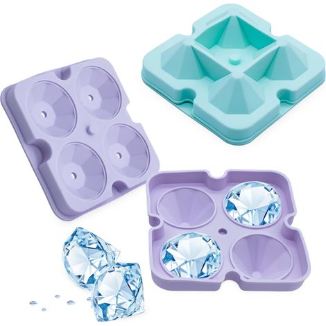 Silikon 4er Eiswürfelform XL Diamant je 5 cm - 2er Set - Eiswürfelschale mit Deckel für 4 große Kristalle