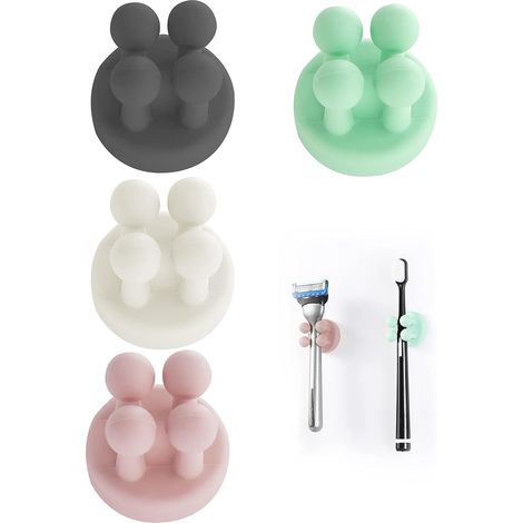 4er-Pack Silikon-Zahnbürstenhalter und Rasiererhalter, multifunktionaler Haken, wasserdicht und selbstklebend, Wandmontage für Badezimmer, Küche, Wohnzimmer oder Büro (Schwarz, Weiß, Rosa, Grün) (1/5)
