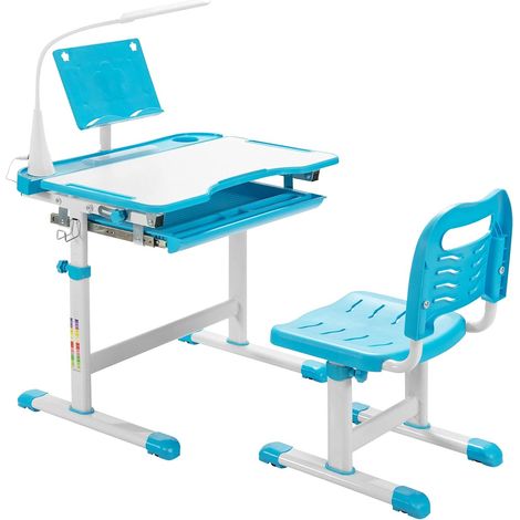 GOPLUS Bureau Enfant,Ensemble Table et Chaise pour Enfants avec Lampe, Plaque de Table Inclinable,Hauteur et Angle Réglables, Lumière LED (Bleu) (1/5)