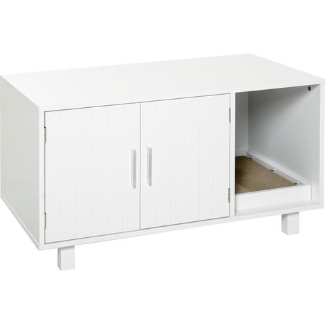 Katzentoilettenschrank, 2-türiges Möbelstück, Kratzbrett, Beistelltisch, 50,5 cm (H) x 91 cm (B) x 52 cm (T), MDF, weiß