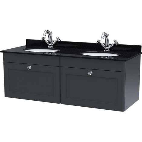 Nuie Classique Satin Soft Black 1200mm Wall Hung 2 Drawer Vanity Unit with Black Marble Countertop and 2 Round Basins with 2 Tap Holes - CLC1494BR2 (1/2)