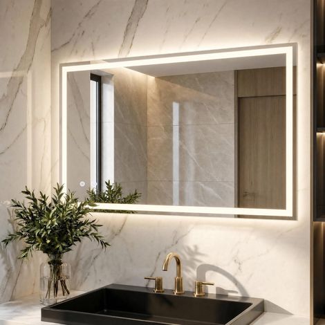 Miroir de Salle de Bain avec éclairage 100 x 60 cm, Miroir LED avec 3 Couleurs de lumière et intensité Variable, Interrupteur Tactile et Anti-buée, Verre trempé, Miroir de Salle de Bain avec (1/5)
