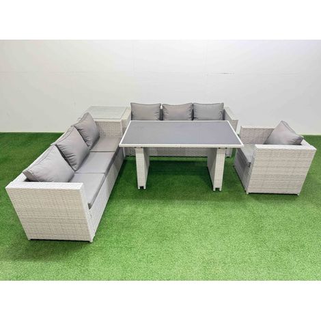 Fimous Patio Garden Furniture Sets with Black Glass Top Dining Table 3 Seater Sofa Armchair Side Table Light Grey (1/5)