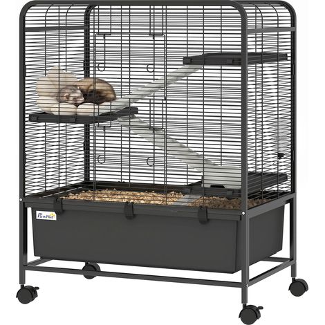 Cage pour Rongeurs sur Roulantes, 4 Niveaux, 3 Plateformes, 3 Rampes, Bouteille d'Eau, 75x46x94,5cm, Noir. Cette cage pour rongeurs et petits animaux est conçue avec des matériaux de haute qualité,... (1/5)