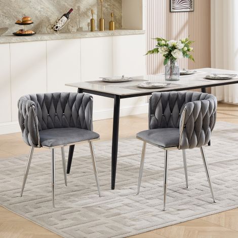 Sedia in velluto, sedia da pranzo intrecciata, poltrona moderna da soggiorno, sedia da sala da pranzo, sedia da cucina, sedia da camera con toletta, sedia da pranzo con gambe argentate, set da due pez (1/5)