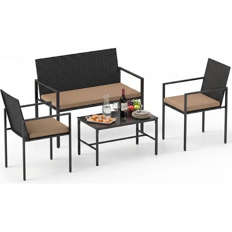 Salon de Jardin 4 Pièces, Fauteuils et Canapé en Rotin d'Extérieur avec Table Basse en Verre Trempé, Coussins d'Assise Doux, Brun (1/5)