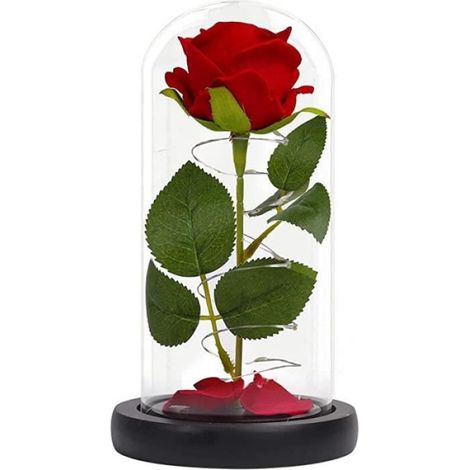 Rose artificielle - - Dôme en verre - Rose rouge - Lumière LED - Cadeau idéal (1/4)