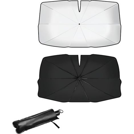 Parasol para parabrisas de coche de 138 × 78 cm, paraguas plegable con protección UPF 50+ y revestimiento de titanio plateado, con apertura a través del espejo retrovisor y estuche de almacenamiento p (1/5)
