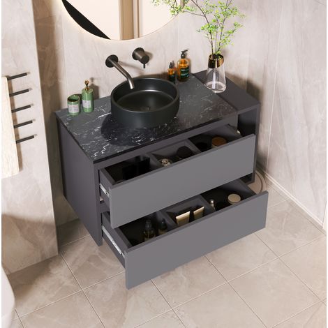 Hängender Waschtischunterschrank 80 cm mit Keramikwaschbecken, 2 Schubladen, schwarz-grau OKMYHOME (1/5)
