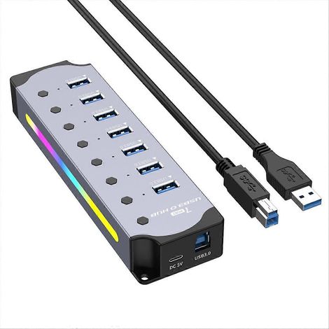 Hub USB 3.0, hub RGB 7 ports avec bande LED, boîtier en aluminium, prise UE (1/5)