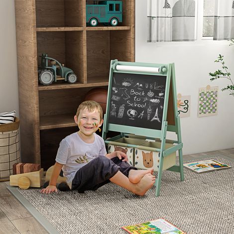 Caballete infantil con pizarra blanca, pizarra de tiza de doble cara, rollo de papel, 2 cestas, 54 x 46,5 x 93 cm, verde