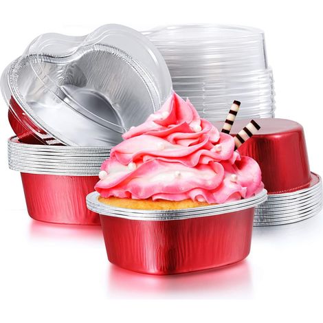 Moule à mini-gâteaux en aluminium en forme de cœur avec couvercles, 100 ml / 3,4 oz, jetable, idéal pour la Saint-Valentin, la fête des mères, un mariage, Noël ou un anniversaire. (1/5)