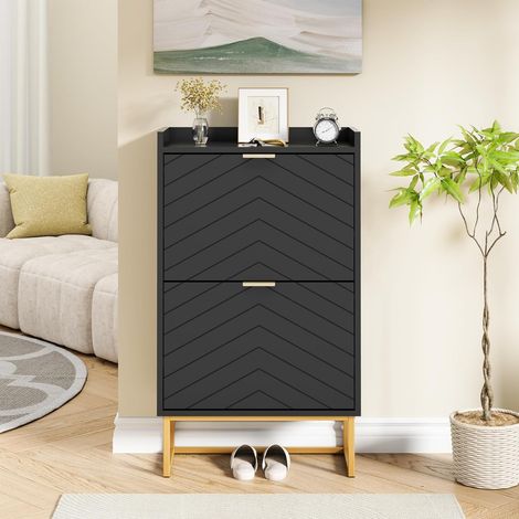 UEV – Armoire à chaussures étroite 50x24x91 cm – 2 abattants – Étagères réglables – Plafond avec clôture – Bois d'ingénierie – Noir