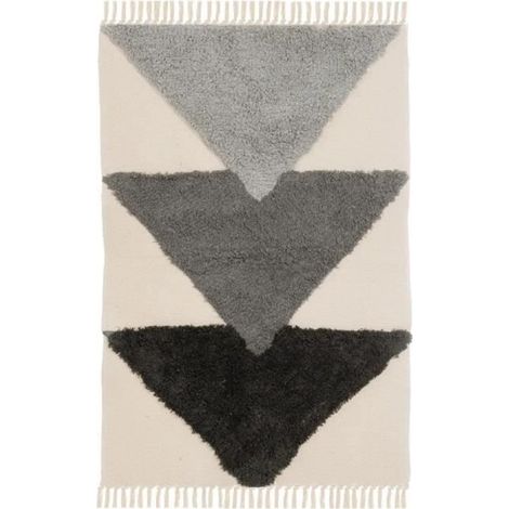 Tapis rectangulaire - JUANIO - 180 x 120 cm - 50% coton/50% polyester - franges & pompons - beige rayé (1/3)