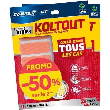 Lot de 2 rubans adhésifs double face - CYANOLIT - KOLTOUT RUBAN - Strips x10 - Haute adhérence (1/5)