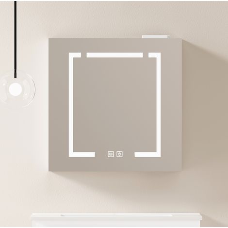 Mobile specchio LED 60x14x60 cm in MDF e vetro bianco, con vano contenitore per bagno FloraGrace (1/5)