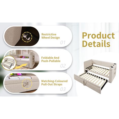 Sofá cama 90x200 cm de tejido beige con cama nido y USB, ahorra espacio, sin colchón – MEUBLIV (1/5)