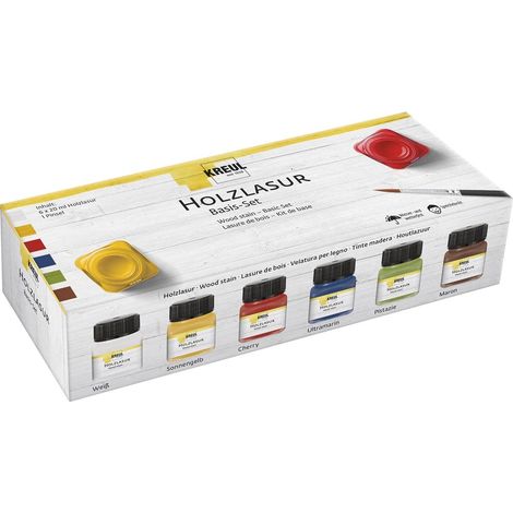 Kit de lasure Acrylique pour Bois aux Couleurs intenses, 6 x 20 ML de Peinture en Blanc, Jaune Soleil, Cerise, Outremer, Pistache, Marron et Pinceau pour Bois Naturel Non traité (1/3)