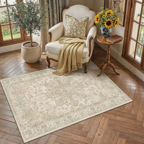 Vintage Tapis Salon Beige 120x170cm Lavable en Machine Grand Antidérapant Rugs,Chambre Adulte Rug,Descente de Lit Carpets,Salle a Manger,Cuisine,Interieur Poil Ras Carpet (1/5)