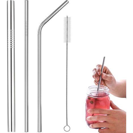 304 stainless steel straws, reusable, set of 3 metal drinking straws, with cleaning brushes, environmentally friendly, non-toxic, washable, ideal for (1/5)