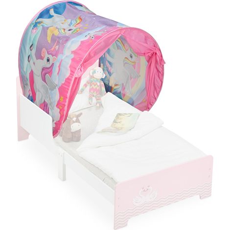 Relaxdays Bettzelt Kinder, BxT: 220x79 cm, Einhorn-Design, Betttunnel für Kinderbett, Pop-up-Funktion, Betthöhle, bunt