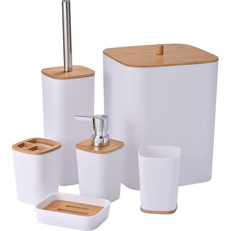 Lot de 6 accessoires de salle de bain en bambou, ensemble d'accessoires de salle de bain, poubelle de salle de bain et brosse de toilette, poubelle moderne, porte-savon (1/5)