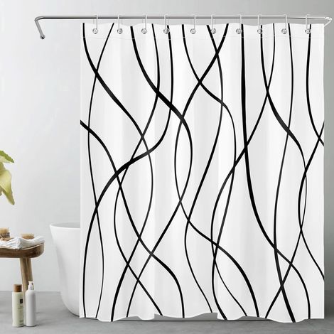 Abstrait Rideaux de Douche 150x200cm(LxH) Rayures Noires Rideaux de Bain avec Crochets, Blanc géométrique Moderne Extra Longue Imperméable Polyester Anti Moule Salle de Bain Décor (1/5)