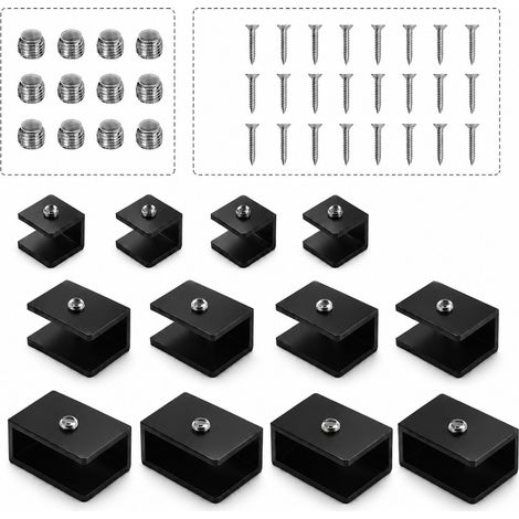 Lot de 12 pinces de verre carrées noires en aluminium, tailles S, M et L, pour panneaux 6-12 mm, avec vis, finition argent (1/5)