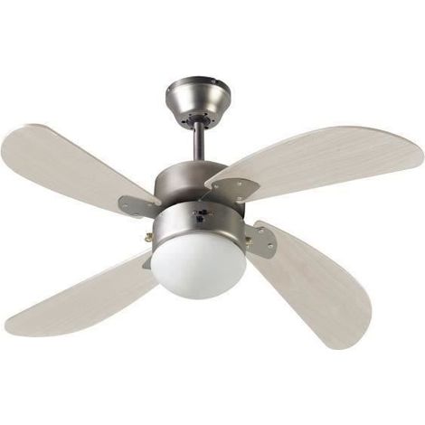 FARELEK - BERMUDES O 107 cm - Ventilateur de plafond reversible, 4 pales chene clair + eclairage 1 globe 60W E27 - 112423