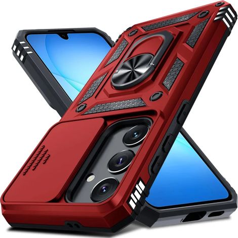 (Rouge, Galaxy S24 FE) Coque de protection robuste pour Samsung, avec cache-objectif coulissant (1/5)