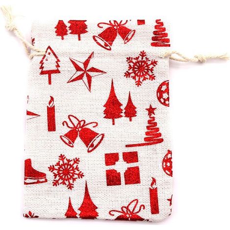 Leinenbeutel, 10er-Set, Jutebeutel mit Kordelzug, weihnachtliches Motiv, Geschenktüten zum Aufhängen, Schneeflocken, rot, 13 × 18 cm