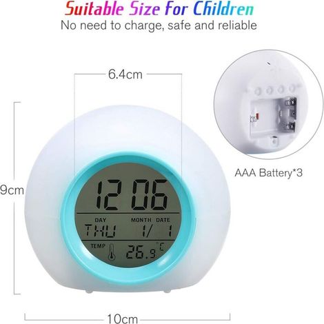 Réveil Numérique Enfant 7 Couleurs Lampe Réveil Enfant avec Calendrier et Thermomètre, Horloge Créatif Rond Réveil avec LED Veilleuse Lumière pour Enfant Bébé (Couleur) (1/3)