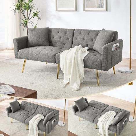 Canapé deux places moderne en polaire bouclée effet peluche, dossier inclinable 3 positions, 2 coussins inclus, pieds en métal robustes, doux et confortable pour salon, appartement en location, petit (1/5)