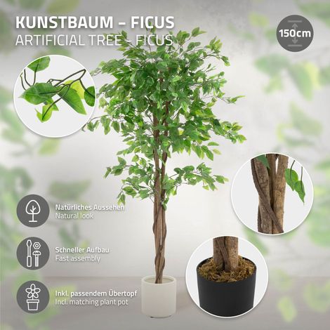 ML-Design Kunstpflanze Ficus 150 cm, Knstliche Pflanzen gro wie echt,  Fake Zimmerpflanze mit Naturholzstamm im Topf, Deko Plastikpflanzen ...