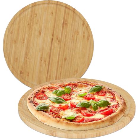 Relaxdays Pizzateller, 2er Set, Bambus, Ø 32 cm, Servierbrett für Pizza, Flammkuchen, Käse, rundes Pizzabrett, natur