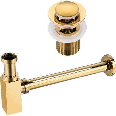 BALNEO - ensemble bonde de lavabo Klik Klak B avec trop-plein dorée + siphon carré doré en laiton - kit pour lavabo (1/5)
