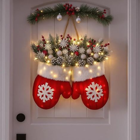 Couronne de gants de Noël avec 120 lumières LED transparentes pour porte d'entrée, guirlandes artificielles pour décorations festives (1/5)