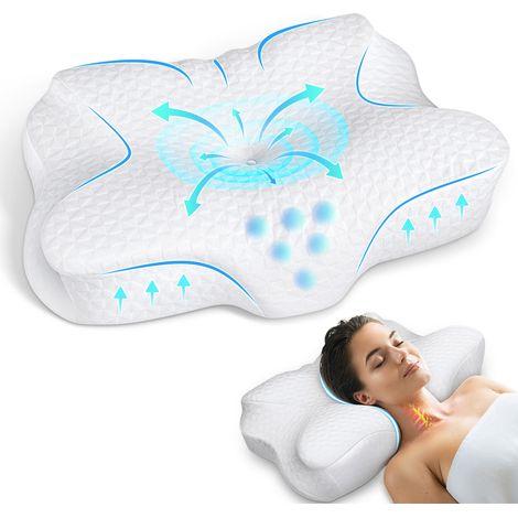 Oreiller Ergonomique Cervical, Oreiller à Mémoire de Forme, Soutien Cervical, Taie en Soie Glacée Respirante, Confort Optimal, Blanc