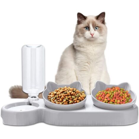 Gamelle Chat Double Surélevée, Distributeur Croquettes et Eau pour Chats et Chiens Automatique, Inclinable à 15° Protection du Cou, Anti-Vomissement, pour Petits Animaux(Gris)