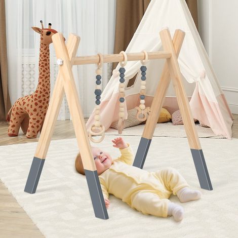 Baby Activity Gym for 3 Months and Older with Toys Foldable Activity Center Triangular Wooden Shape 60x44x60cm Grey (1/5)