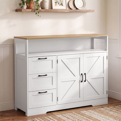 Buffet Cuisine, Meuble de Rangement avec 3 Tiroirs, 2 Portes Façon Grange, Plan de Travail et Compartiment Ouvert, Blanc (1/5)
