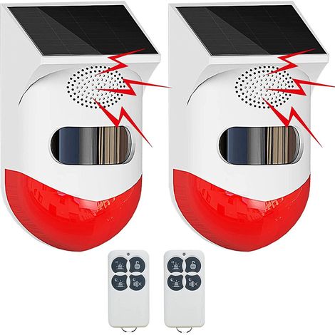 Lampe stroboscopique solaire avec détecteur de mouvement, alarme extérieure avec télécommande, son de 120 dB, étanche IP67 et quatre modes, convient aux maisons, fermes, granges, villas et cours (lot (1/5)
