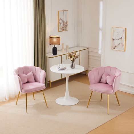 Juego de 2 sillas de comedor y de maquillaje con patas doradas y respaldo suave, terciopelo rosa (1/5)